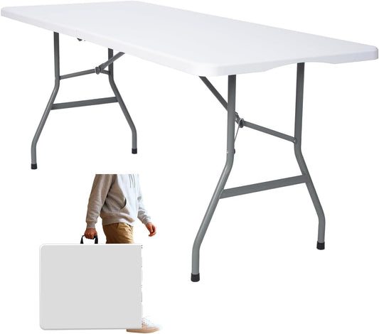 Folding Table 6ft,Foldable Table with Built in Handle & Steel Legs,Smooth HDPE Tabletop,Heavy Duty Folding Portable,Indoor Outdoor Uset for Party, Dining,Events,White