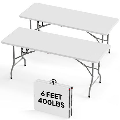 Bonnlo Folding Table 6ft, Portable Collapsible Plastic White Long Tables for Party, Camping, Banquet, Craft, Dining, Wedding, Outdoor and Indoor Use
