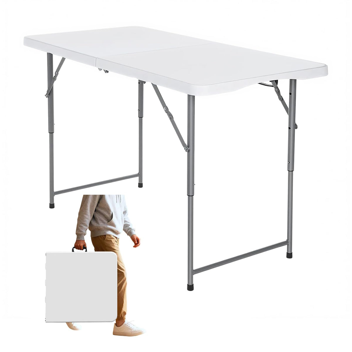 Folding Table 6ft,Foldable Table with Built in Handle & Steel Legs,Smooth HDPE Tabletop,Heavy Duty Folding Portable,Indoor Outdoor Uset for Party, Dining,Events,White