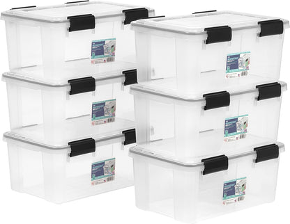 IRIS USA 6-Pack 31 Qt Storage Bins with Gasket Lids, Clear/Black