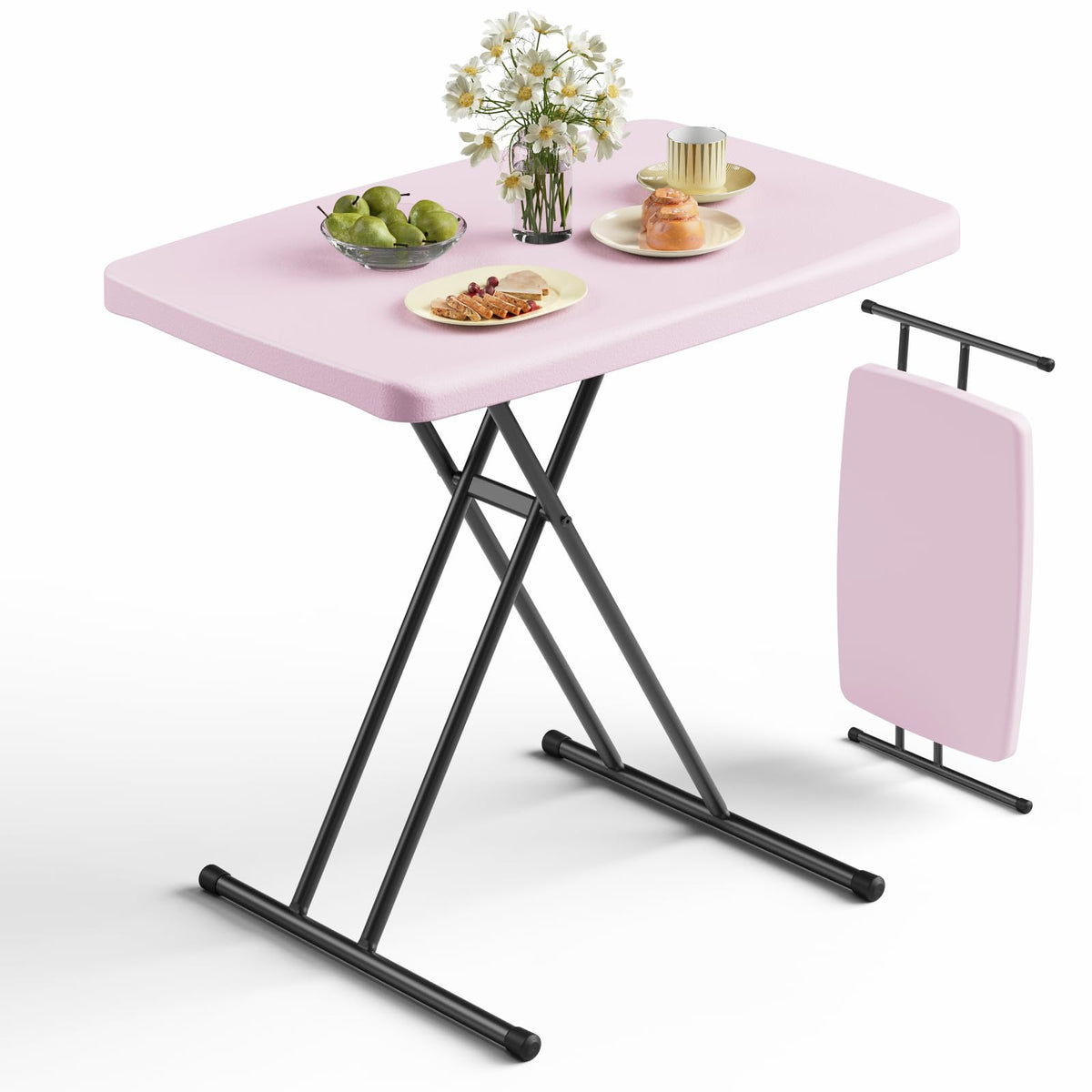 Folding Table 30 Inch - Small Desk Adjustable Height TV Tray for Laptop, Couch, Camping - Heavy Duty Utility Foldable Table for Small Spaces, No Assembly Required,Plastic White Granite