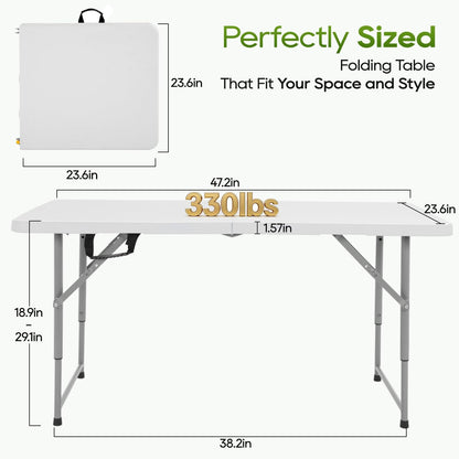 FDW 4FT Folding Table, Portable Fold-in-Half Plastic Picnic Party Table with Carrying Handle (White, 4FT)