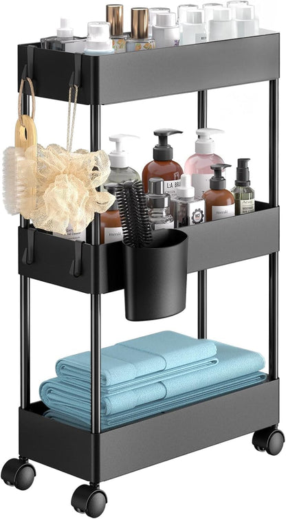 Pipishell 3 Tier Bathroom Storage Cart, Slim Storage Cart with Wheels,Black