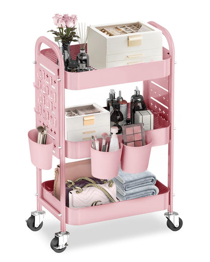 ALVOROG 3 Tier Metal Rolling Utility Cart with Pegboards,Baskets,Hook,Khaki