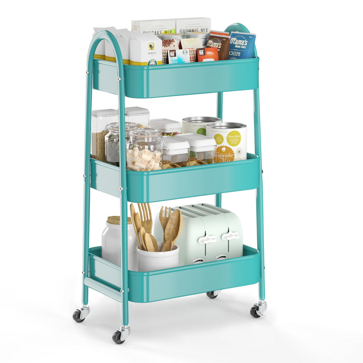 EAGMAK 3 Tier Utility Rolling Cart, Metal Storage Cart with Handle and Lockable Wheels, Multifunctional Storage Organizer Trolley with Mesh Baskets for Kitchen, Living Room, Office, Garage (Black)