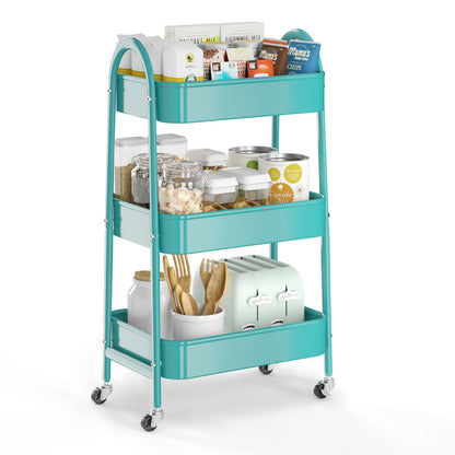 EAGMAK 3 Tier Utility Rolling Cart, Metal Storage Cart with Handle and Lockable Wheels, Multifunctional Storage Organizer Trolley with Mesh Baskets for Kitchen, Living Room, Office, Garage (Beige)