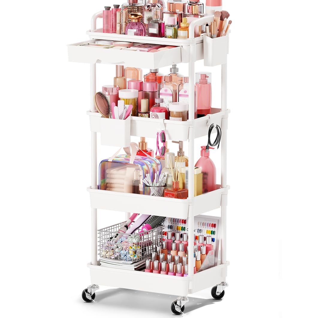 Goovilla Rolling Makeup Organizer Cart with Removable Drawer, 3 Tier White