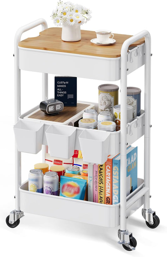 3 Tier White Rolling Cart with Wood Table Top,Metal Storage Organizer Carts