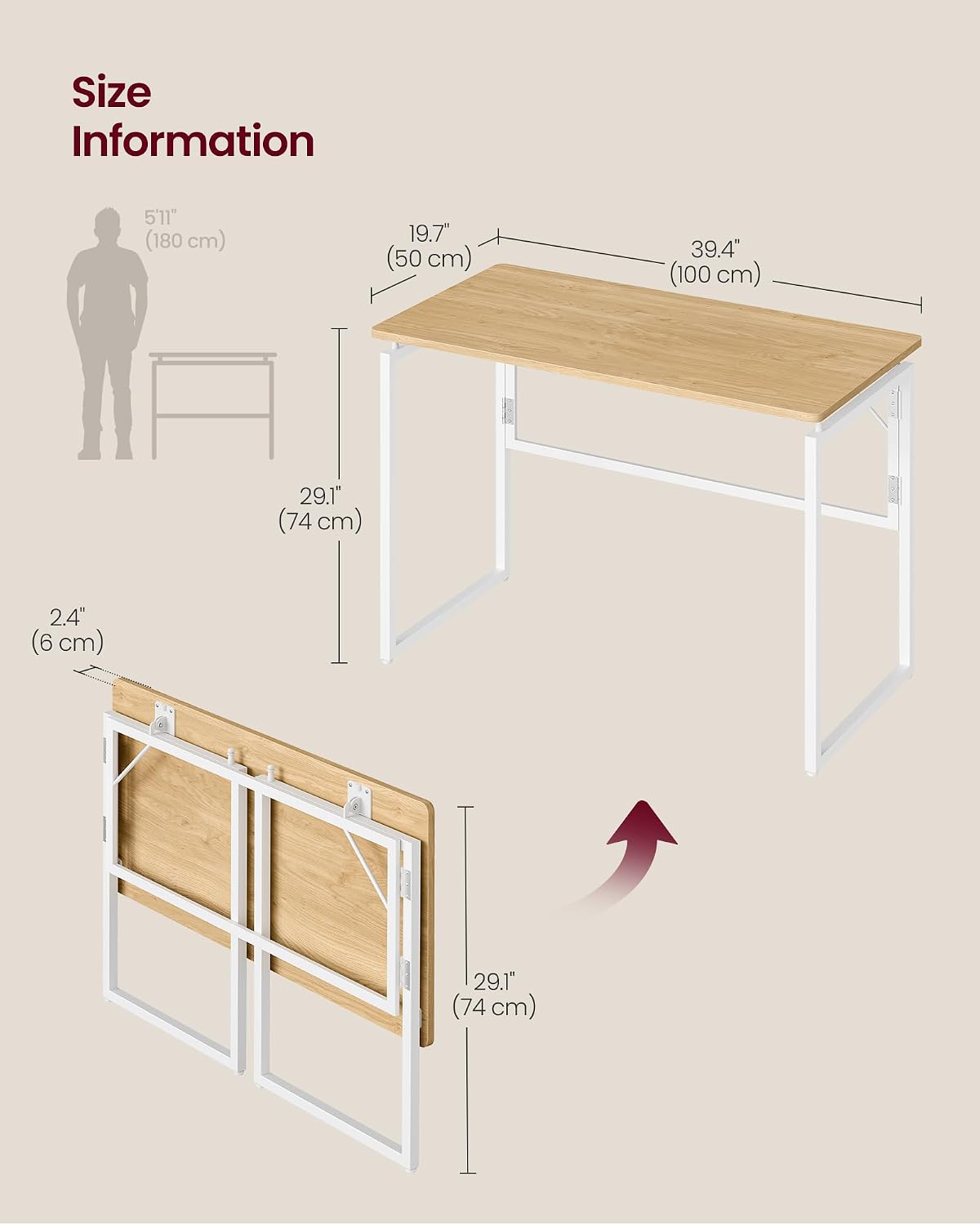 VASAGLE Folding Desk, Small Computer Desk, Foldable Table 39.4 Inch