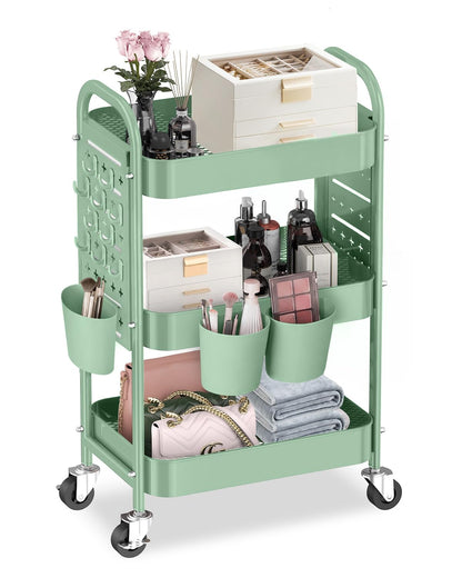 ALVOROG 3 Tier Metal Rolling Utility Cart with Pegboards,Baskets,Hook,Khaki