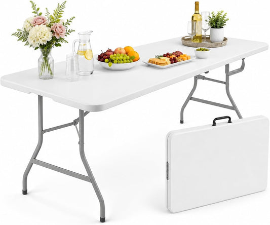 6FT Folding Table, 6 Foot Fold in Half Plastic Utility Table with Carrying Handle, Heavy Duty Portable Indoor Outdoor Dining Picnic Camping Party Table, Waterproof & Scratch Resistant, White