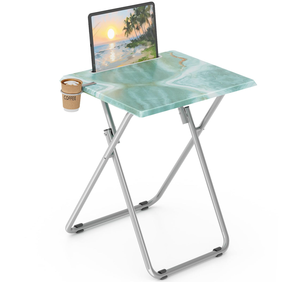 TV Tray Table,Folding Table with Cup Holder Portable,Foldable Snack Tray for Eating,Small Folding Tables Set of 2,Dinner Tables for Couch, Living Room,Small Space (White Marble,2Pcs)