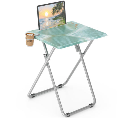 TV Tray Table,Folding Table with Cup Holder Portable,Foldable Snack Tray for Eating,Small Folding Tables Set of 2,Dinner Tables for Couch, Living Room,Small Space (White Marble,2Pcs)