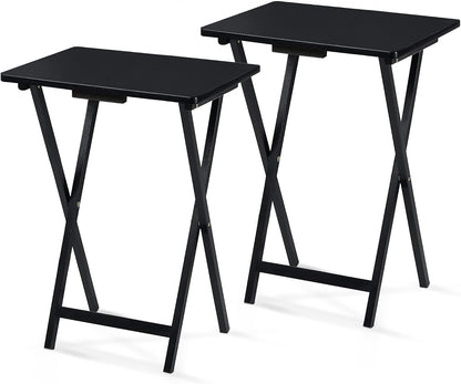 PJ Wood Folding TV Trays Set of 2, Solid Wood Foldable Snack Tables, Black