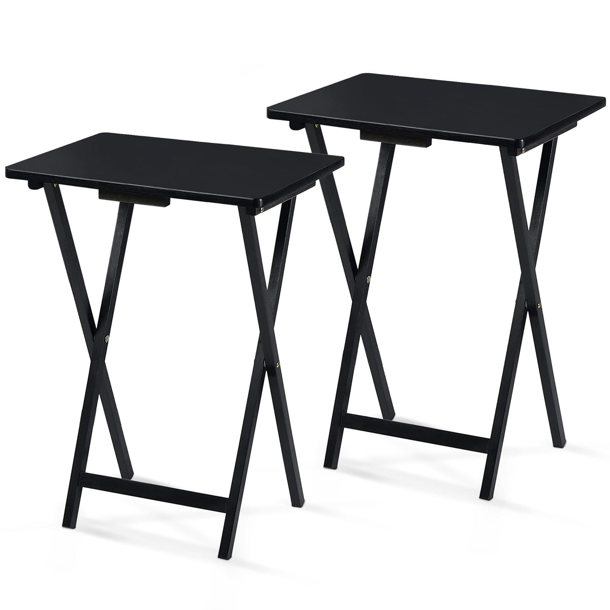 PJ Wood Folding TV Trays Set of 2, Solid Wood Foldable Snack Tables, Black