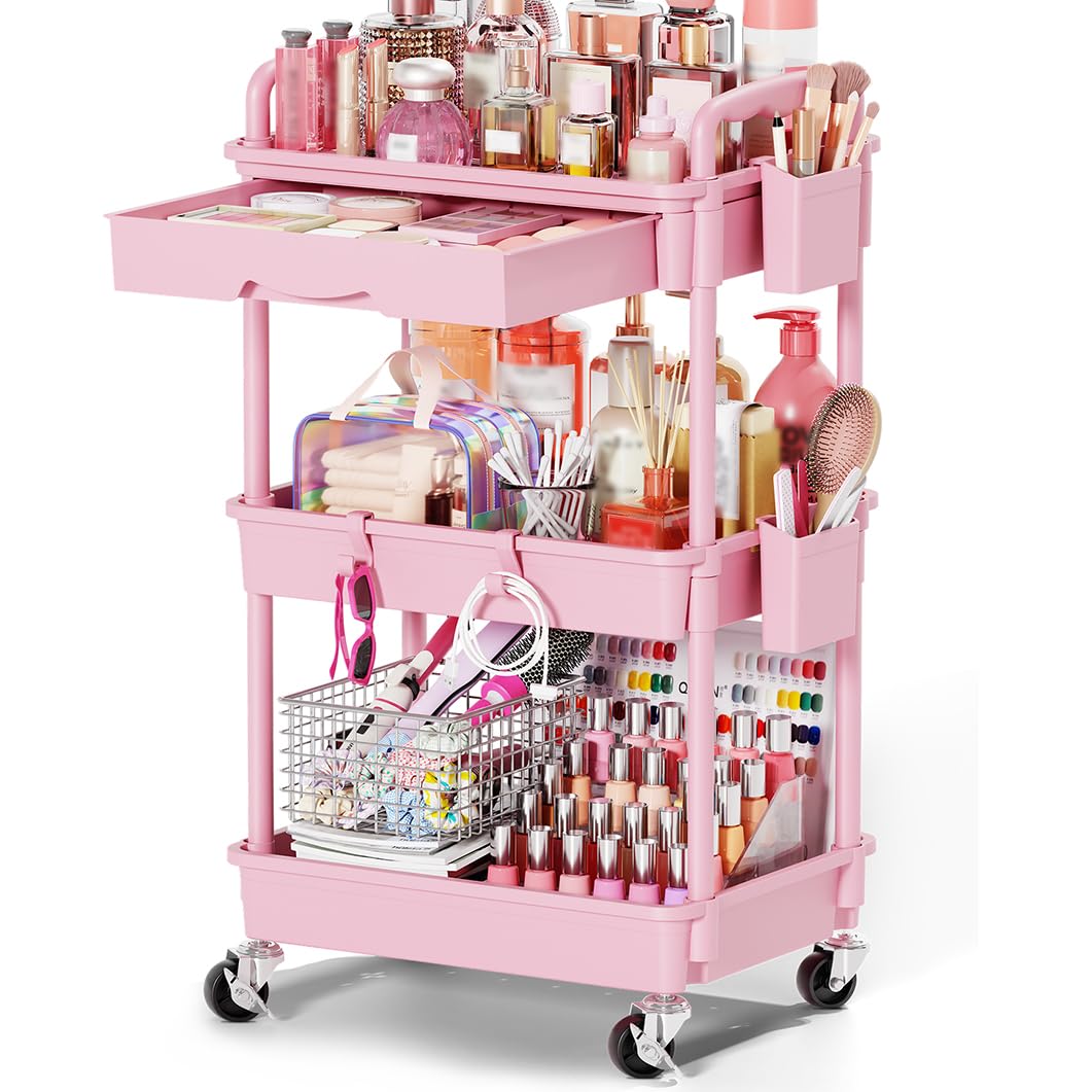 Goovilla Rolling Makeup Organizer Cart with Removable Drawer, 3 Tier White