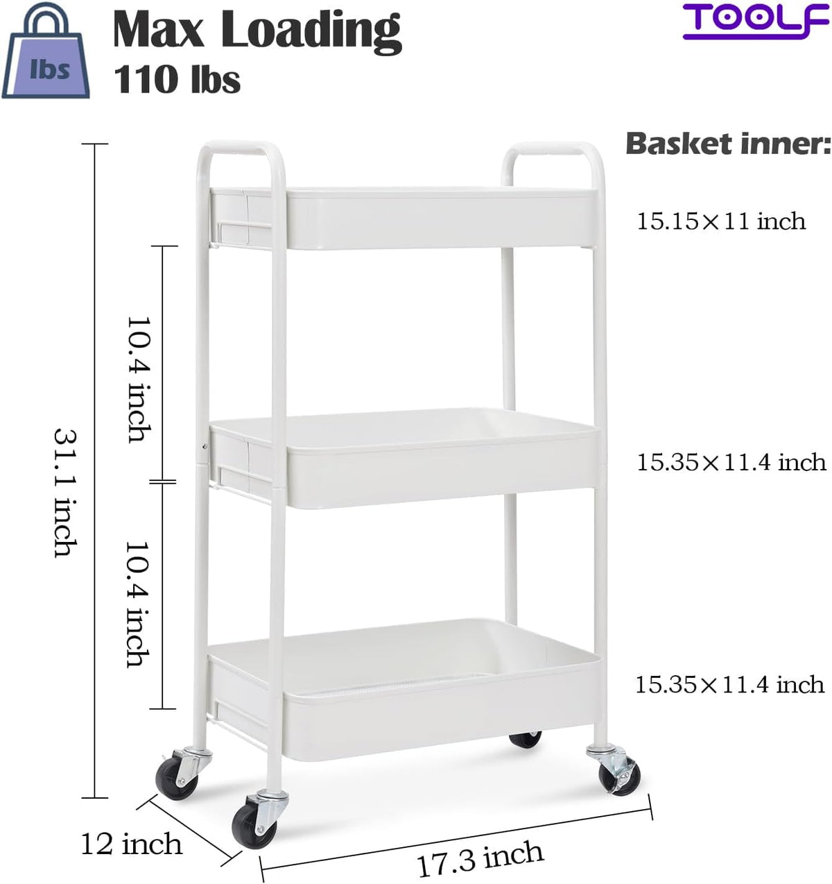 TOOLF 3 Tier Metal Rolling Cart, Utility Storage Cart with Wheels, White