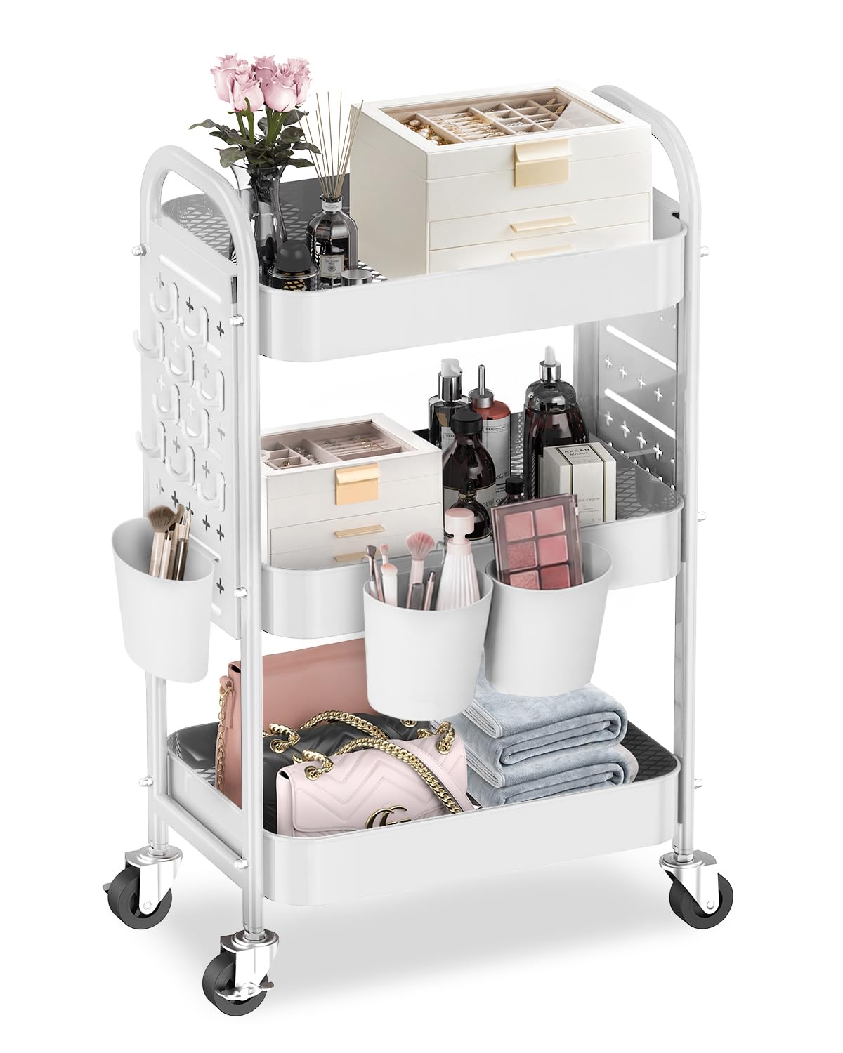 ALVOROG 3 Tier Metal Rolling Utility Cart with Pegboards,Baskets,Hook,Khaki