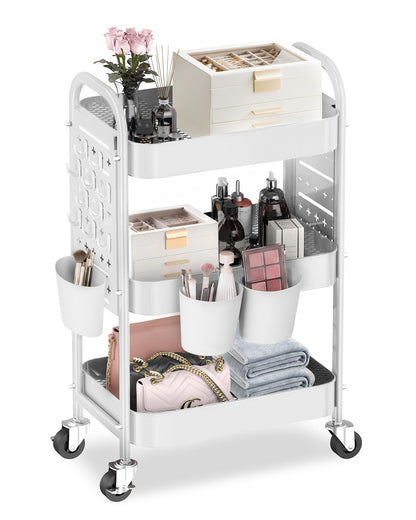 ALVOROG 3 Tier Metal Rolling Utility Cart with Pegboards,Baskets,Hook,Khaki
