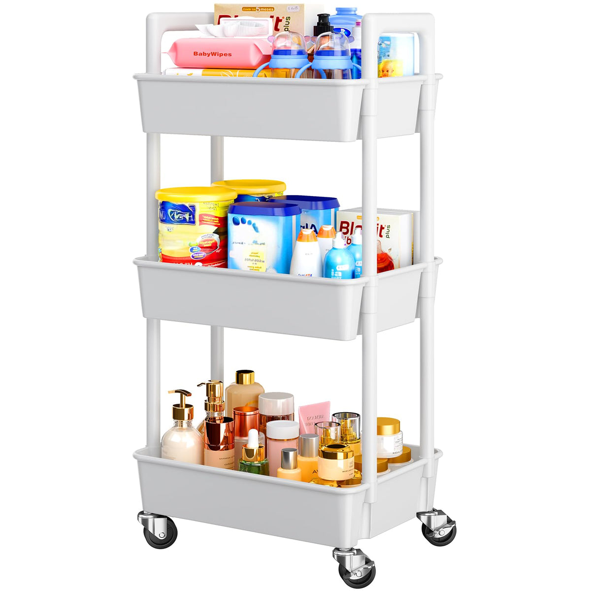 Pipishell 3 Tier Rolling Cart with Handle & Wheels for Storage, White