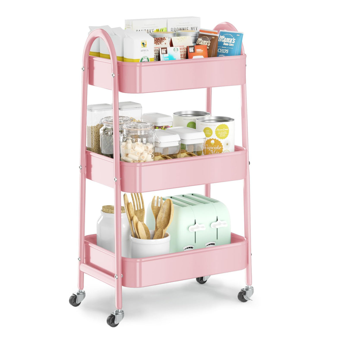 EAGMAK 3 Tier Utility Rolling Cart, Metal Storage Cart with Handle and Lockable Wheels, Multifunctional Storage Organizer Trolley with Mesh Baskets for Kitchen, Living Room, Office, Garage (Beige)