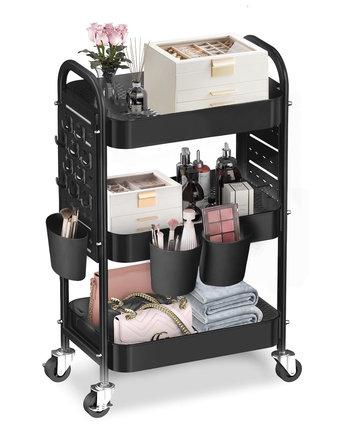 ALVOROG 3 Tier Metal Rolling Utility Cart with Pegboards,Baskets,Hook,Khaki
