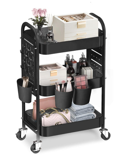 ALVOROG 3 Tier Metal Rolling Utility Cart with Pegboards,Baskets,Hook,Khaki