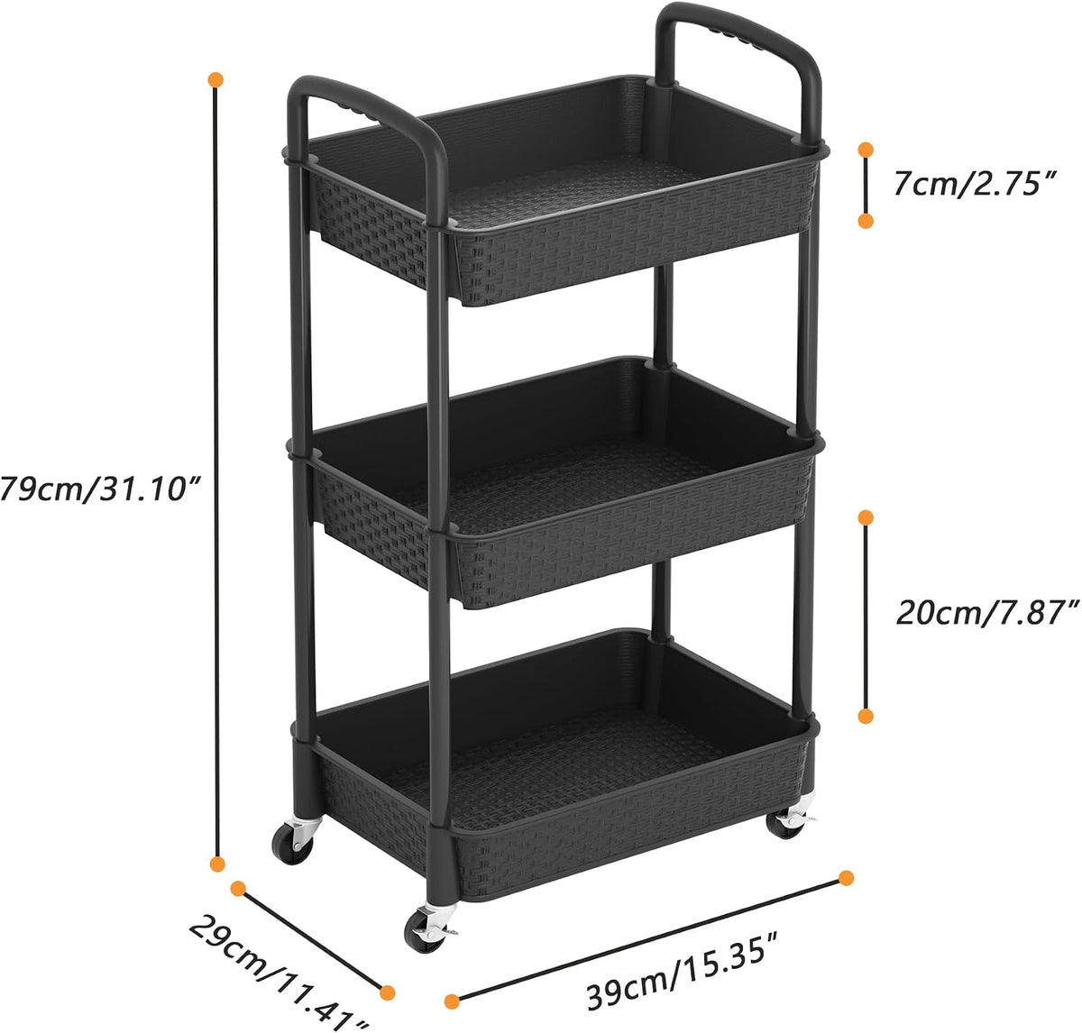 MOYIPIN 3-Tier Plastic Rolling Utility Cart with Handle,Black