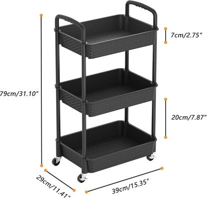 MOYIPIN 3-Tier Plastic Rolling Utility Cart with Handle,Black
