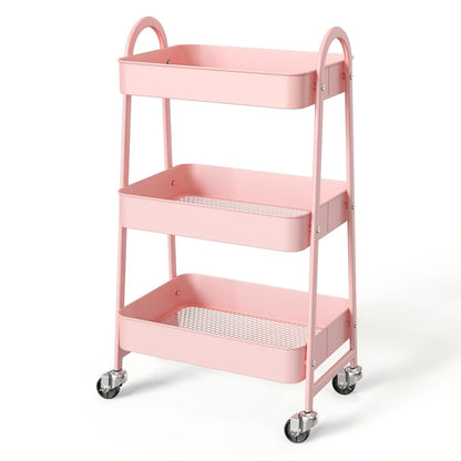 NEWBULIG 3-Tier Metal Rolling Cart with Lockable Wheels, Heavy Duty Mobile Utility Storage Shelf, Roller Book Snack Cart, Organization for Livingroom, Bathroom, Office, Pink