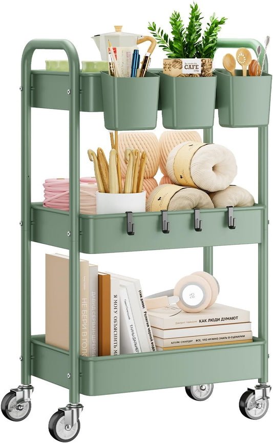 YASONIC 3-Tier Rolling Cart, Green, 66 Pounds Capacity, Mesh Storage Organizer with Lockable Wheels, 3 Hanging Cups, 4 Hooks, Easy Assembly, for Kitchen, Bathroom, Laundry, Grocery