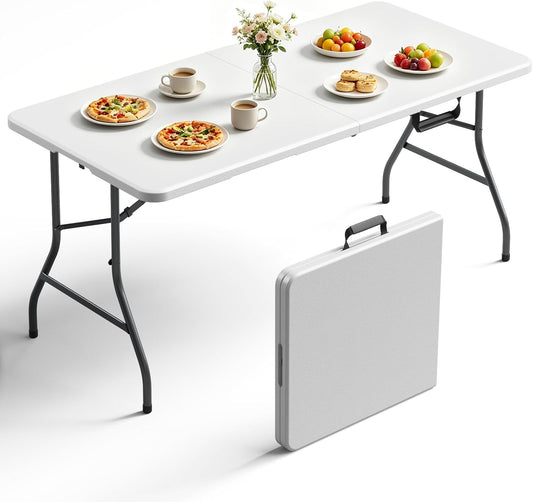 5FT Folding Table 1 Pack,Heavy Duty Plastic Foldable Tables with Carry Handles,Fold-in-Half Portable Utility Tables with Steel Legs for Party,Wedding,Banquet,Camping,Picnic,Event,Indoor Outdoor,White