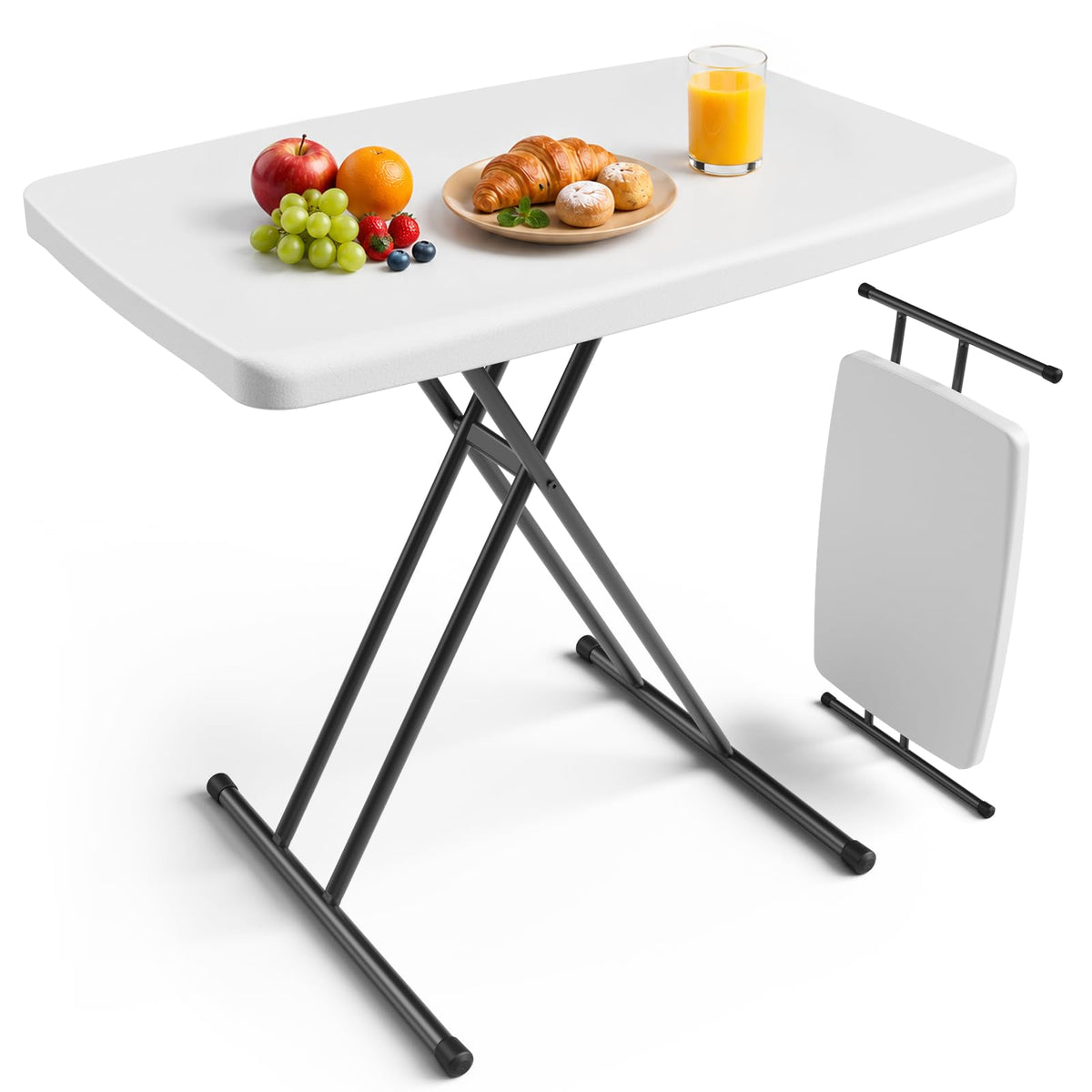 Folding Table 30 Inch - Small Desk Adjustable Height TV Tray for Laptop, Couch, Camping - Heavy Duty Utility Foldable Table for Small Spaces, No Assembly Required,Plastic White Granite