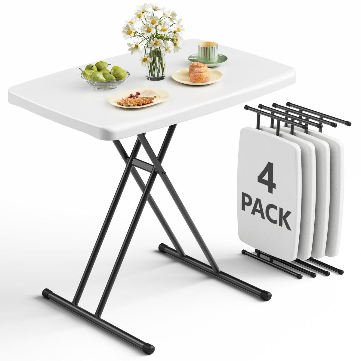 Folding Table 30 Inch - Small Desk Adjustable Height TV Tray for Laptop, Couch, Camping - Heavy Duty Utility Foldable Table for Small Spaces, No Assembly Required,Plastic White Granite