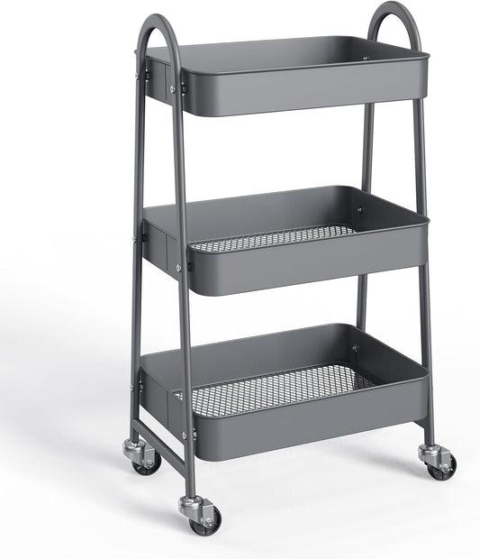 NEWBULIG 3-Tier Metal Rolling Cart with Lockable Wheels, Heavy Duty Mobile Utility Storage Shelf, Roller Book Snack Cart, Grey