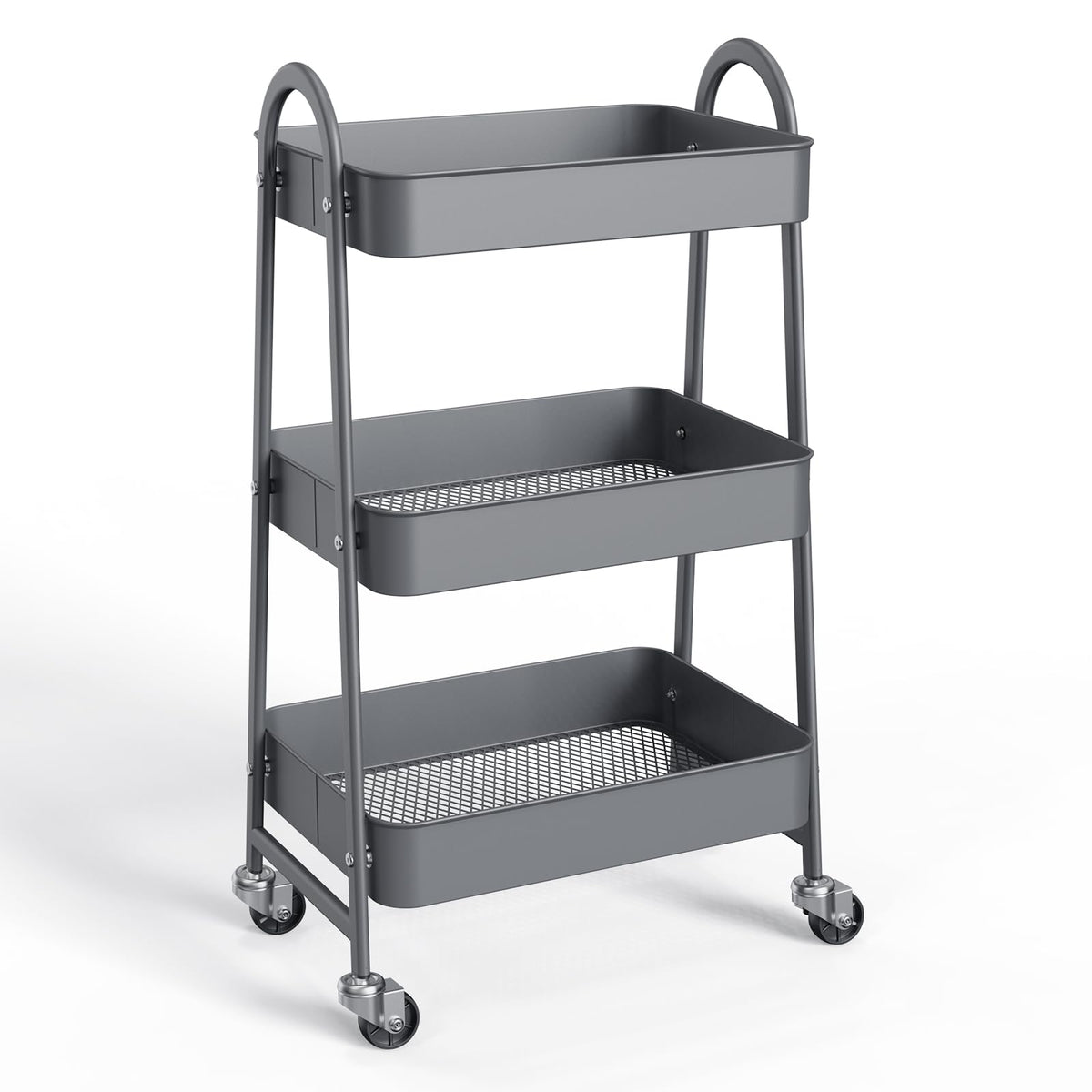 NEWBULIG 3-Tier Metal Rolling Cart with Lockable Wheels, Heavy Duty Mobile Utility Storage Shelf, Roller Book Snack Cart, Grey