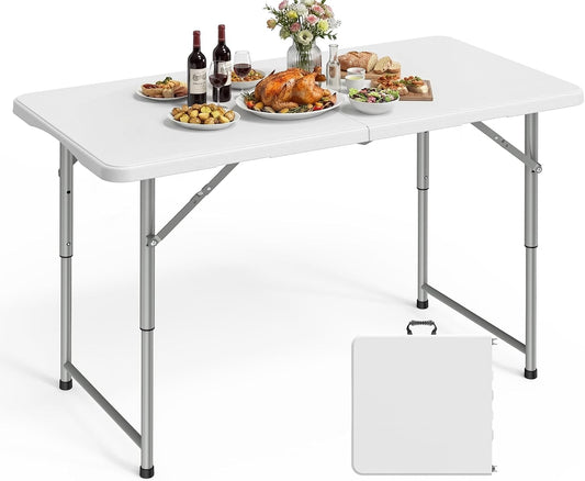 Pureegg 4FT Folding Table - No Assembly Required, Versatile Dining Table with Carrying Handle & Tabletop Safety Lock, Portable Foldable Table for Party, Craft, Camping, Picnic, White
