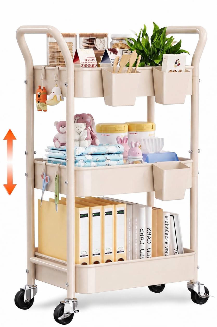 White 3 Tier Height-Adjustable Heavy-Duty Rolling Utility Cart with Wheels