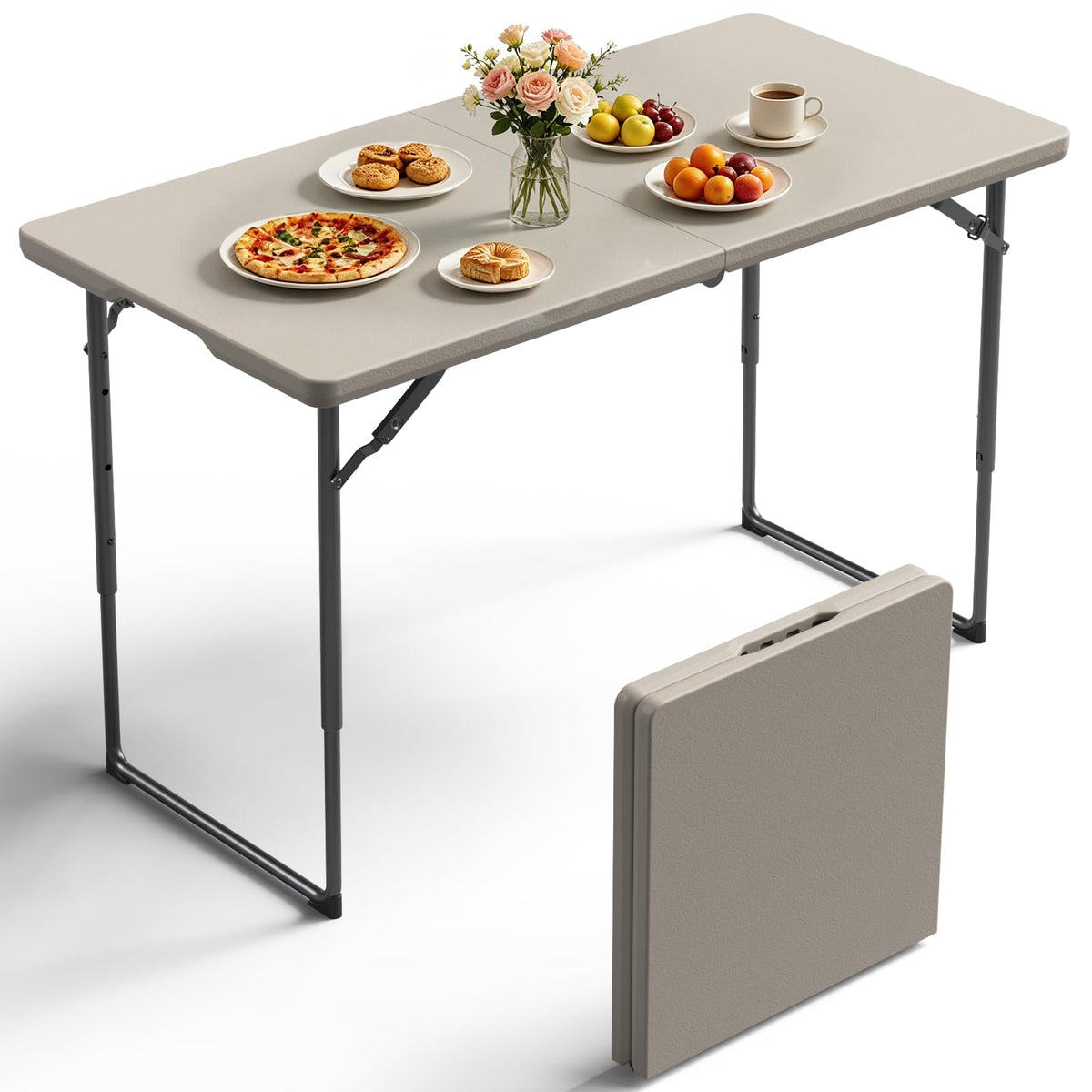 Folding Table 30 Inch - Small Desk Adjustable Height TV Tray for Laptop, Couch, Camping - Heavy Duty Utility Foldable Table for Small Spaces, No Assembly Required,Plastic White Granite