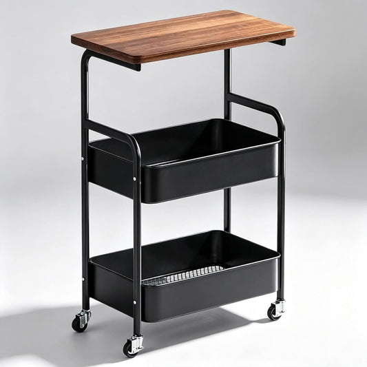 3 Tier Metal Storage Utility Cart with Wooden Top, Rolling Home Organizer