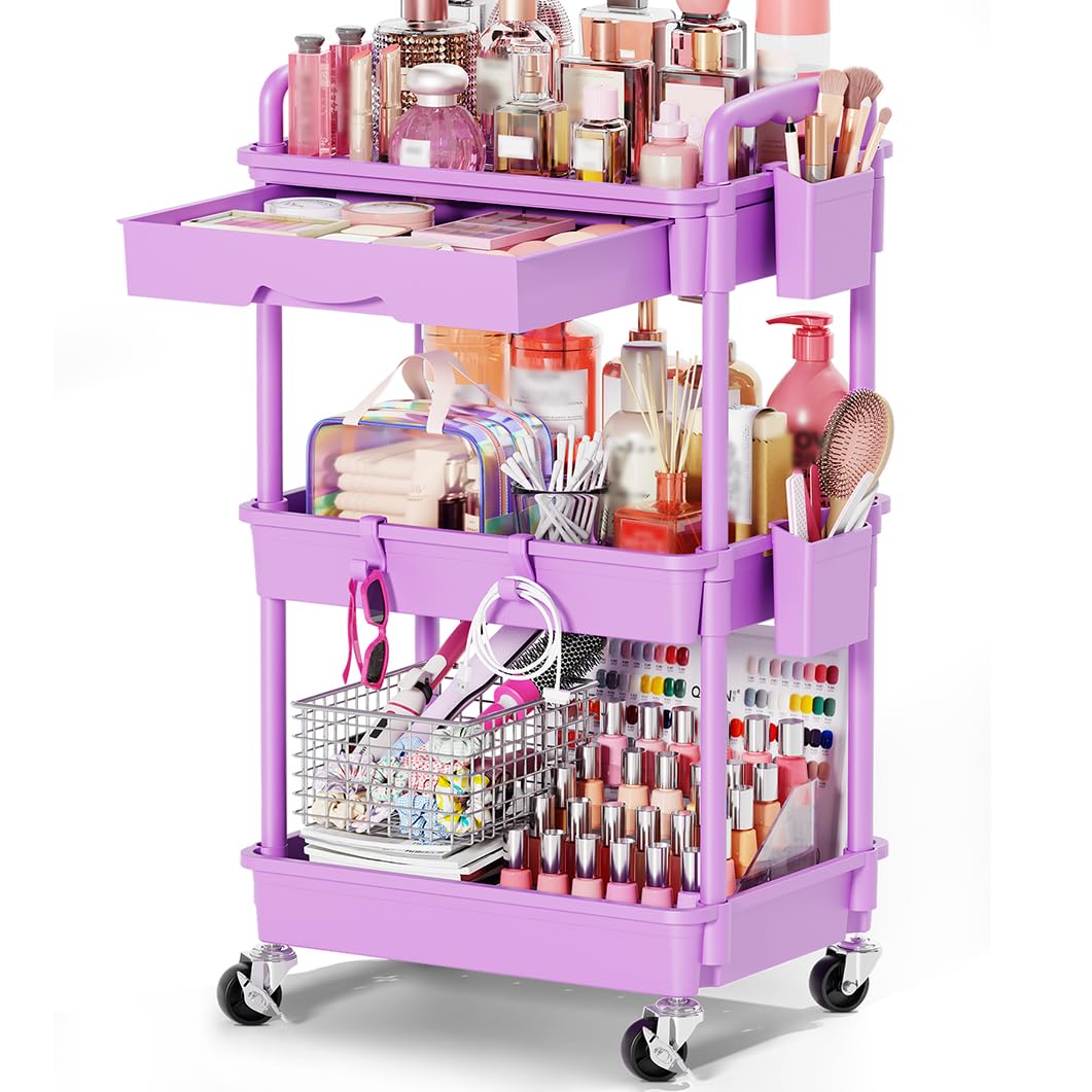 Goovilla Rolling Makeup Organizer Cart with Removable Drawer, 3 Tier White