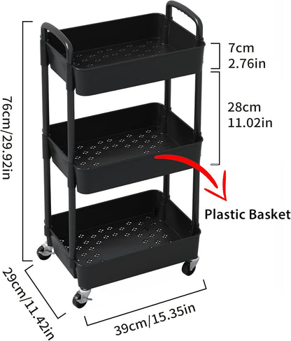 Sywhitta 3-Tier Plastic Rolling Utility Cart with Wheels for Storage,Black
