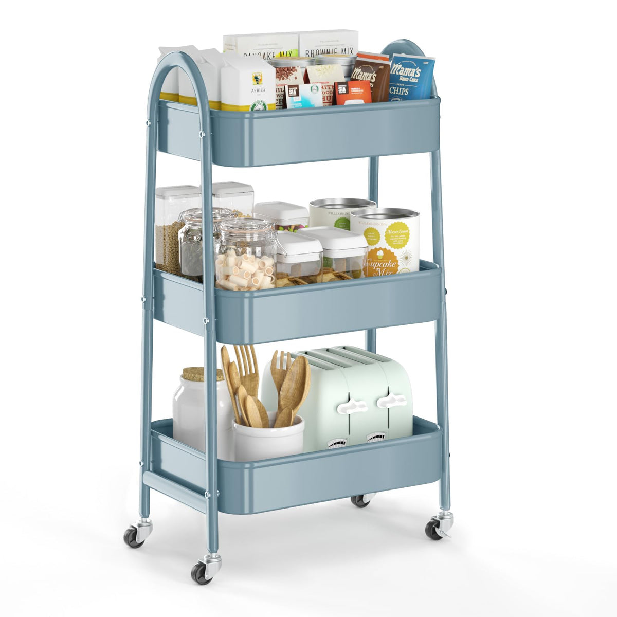 EAGMAK 3 Tier Utility Rolling Cart, Metal Storage Cart with Handle and Lockable Wheels, Multifunctional Storage Organizer Trolley with Mesh Baskets for Kitchen, Living Room, Office, Garage (Beige)