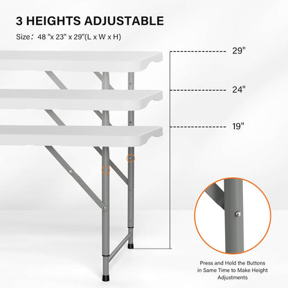 VINGLI 4 FT Plastic Folding Camping Table,3-Level Adjustable Height, Portable in/Outdoor Party Picnic Dining Desk, Garden Soccer Multipurpose Entertaining Activities，White