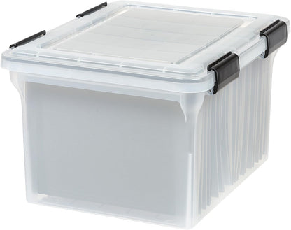 IRIS USA File Box File Organizer Plastic File Box for Letter/Legal File, BPA-Free Plastic Storage Bin Tote Organizer with Durable and Secure Latching Lid, Stackable and Nestable, Clear 35 Qt. 4Pack