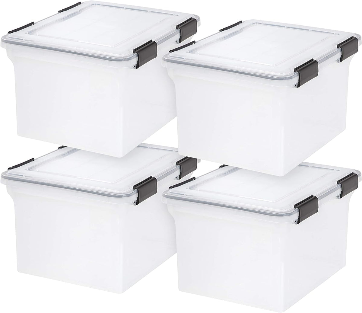 IRIS USA File Box File Organizer Plastic File Box for Letter/Legal File, BPA-Free Plastic Storage Bin Tote Organizer with Durable and Secure Latching Lid, Stackable and Nestable, Clear 35 Qt. 4Pack