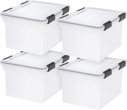 IRIS USA File Box File Organizer Plastic File Box for Letter/Legal File, BPA-Free Plastic Storage Bin Tote Organizer with Durable and Secure Latching Lid, Stackable and Nestable, Clear 35 Qt. 4Pack