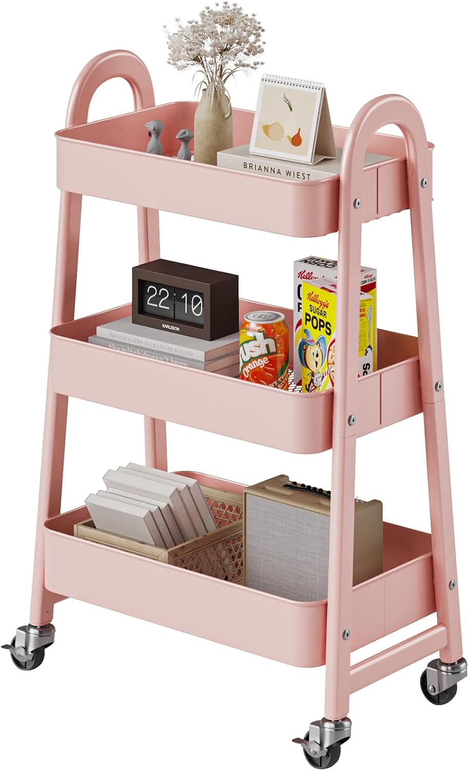 DUMOS 3 Tiers Rolling Cart, Utility Cart, Metal, Pink