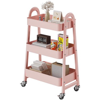 DUMOS 3 Tiers Rolling Cart, Utility Cart, Metal, Pink