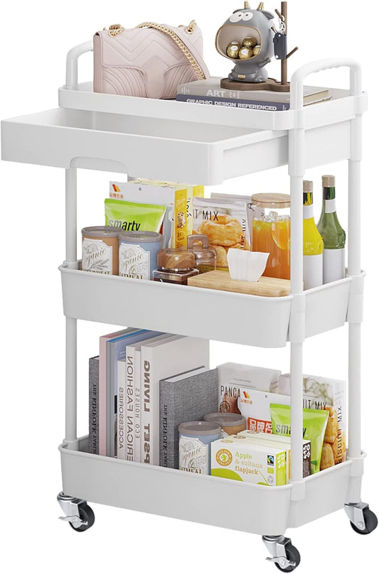 Calmootey 3-Tier Utility Cart with Drawer & Wheels, Storage for Home,Office